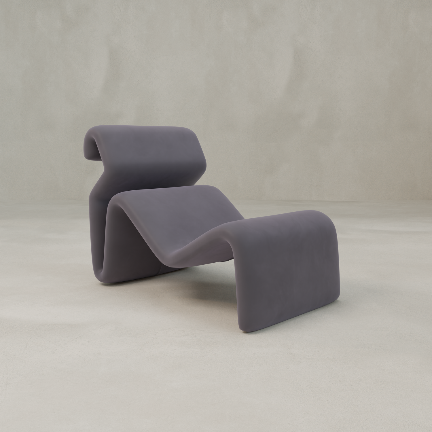 The Infinity Chaise Lounge features smooth, flowing curves and a matte purple finish, channeling 70s aesthetics to create a striking statement piece against a plain, light-colored background.