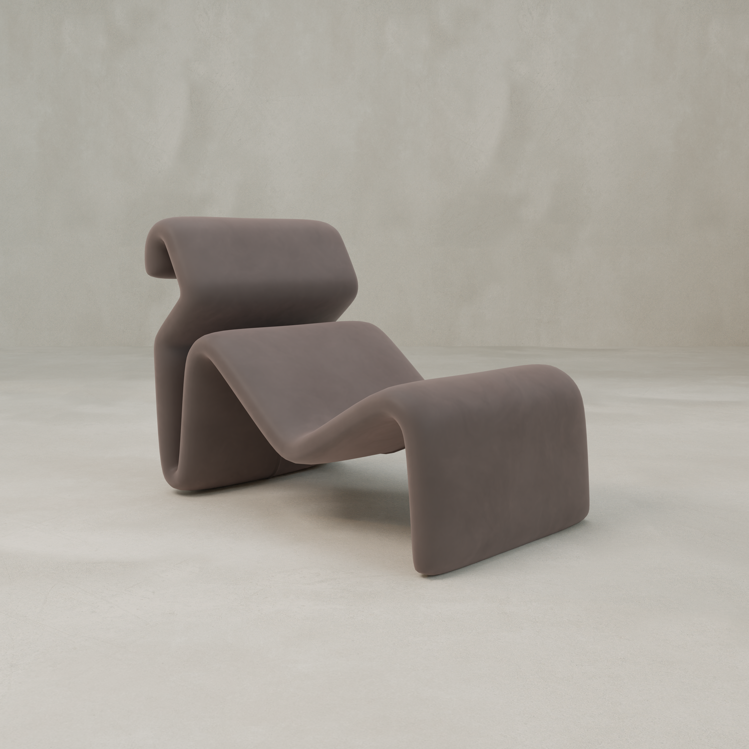 The Infinity Chaise Lounge is a modern, minimalist chair with smooth curves and a matte taupe finish, designed as a statement piece and shown against a plain light gray background.