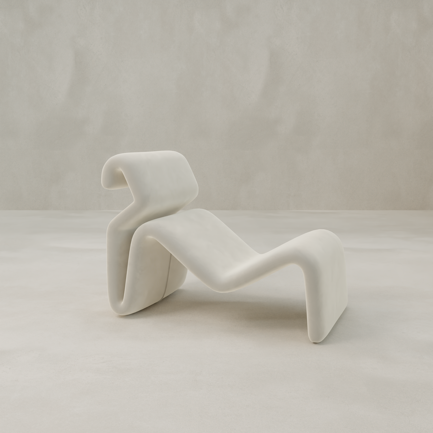 The Infinity Chaise Lounge, a modern white chair with smooth curves and plush velvet upholstery, sits on a light floor against a textured beige wall, serving as a true statement piece in any space.