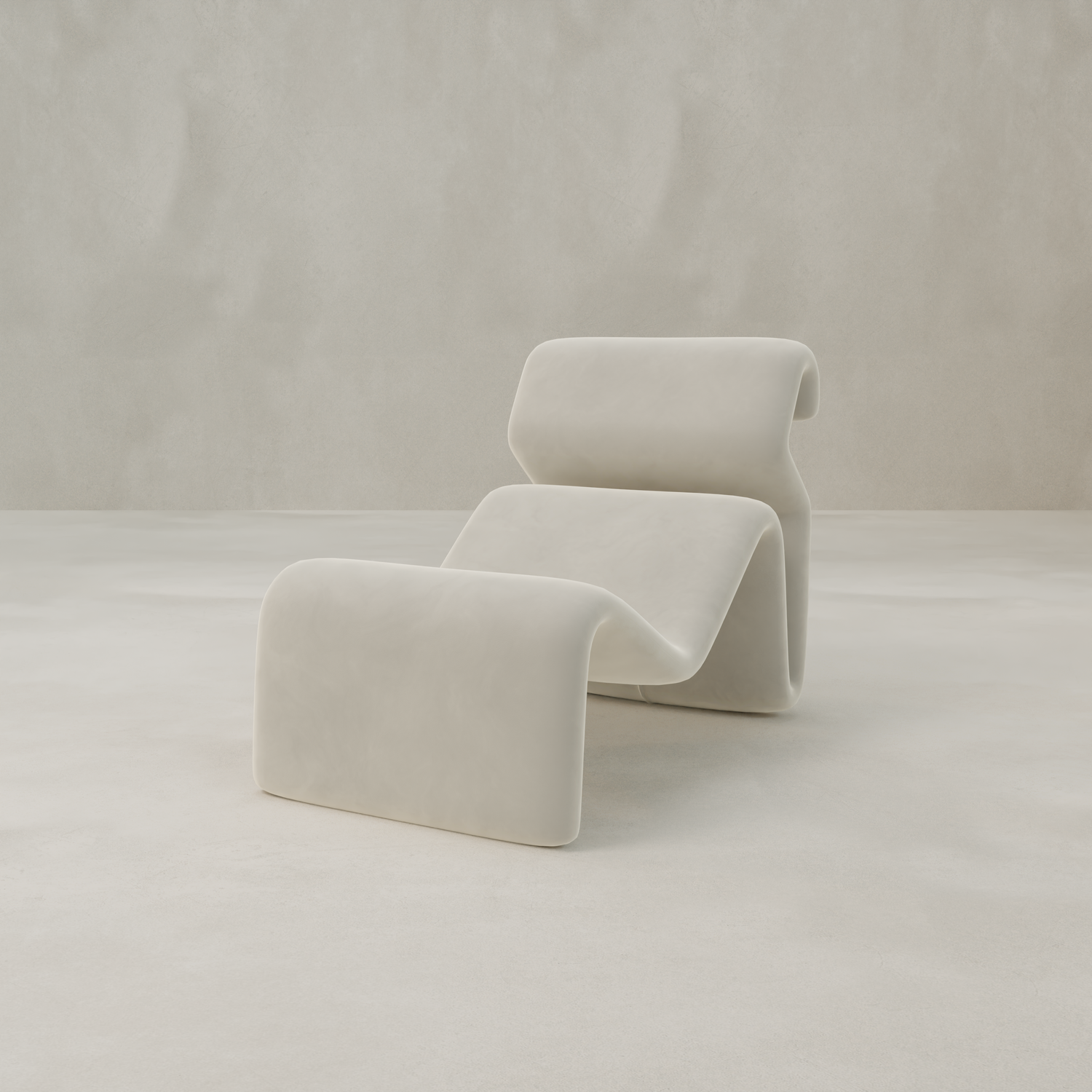 The Infinity Chaise Lounge features smooth, sculptural curves and soft off-white velvet upholstery, making it a standout statement piece in any minimalist, light-colored room.