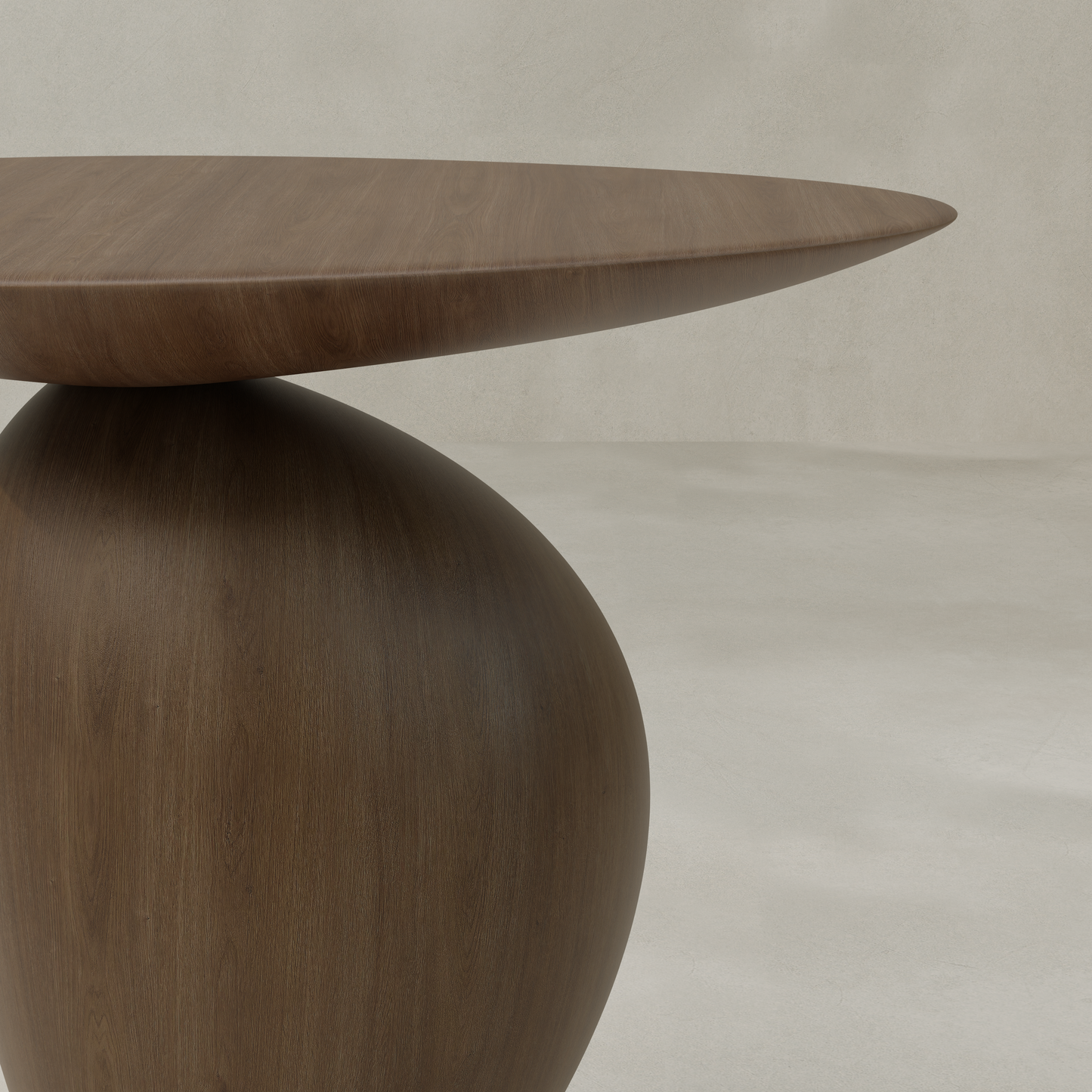 The Noyer Side Table features a modern wooden design with an oval top and a bulbous, asymmetrical base, standing out as sculptural furniture against a plain light gray background.