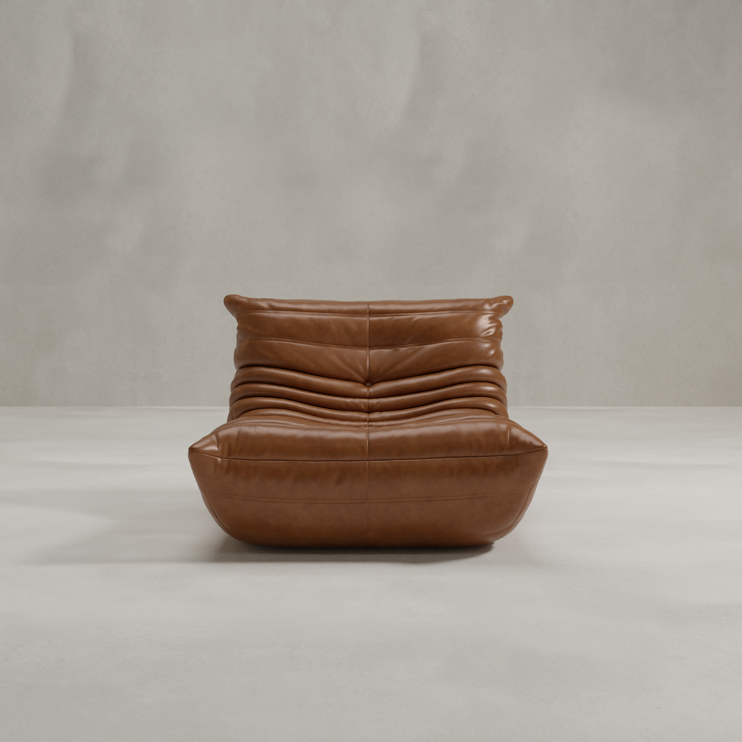 The Rolo Lounge Chair features a modern, low-profile 70s-inspired design with smooth brown leather upholstery and horizontal pleating, showcased against a light gray minimalist background.