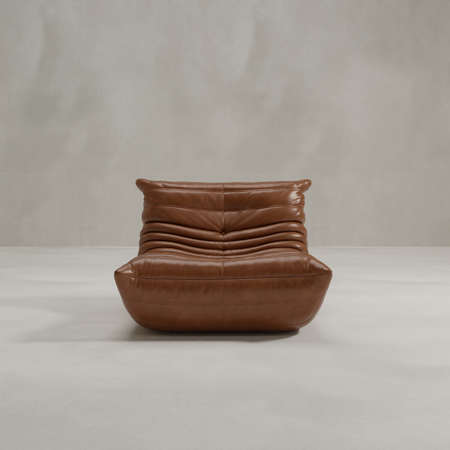 The Rolo Lounge Chair is a modern, low-profile brown leather lounge chair with a tufted, cushioned seat and mid-century design accents, shown against a plain light gray background.