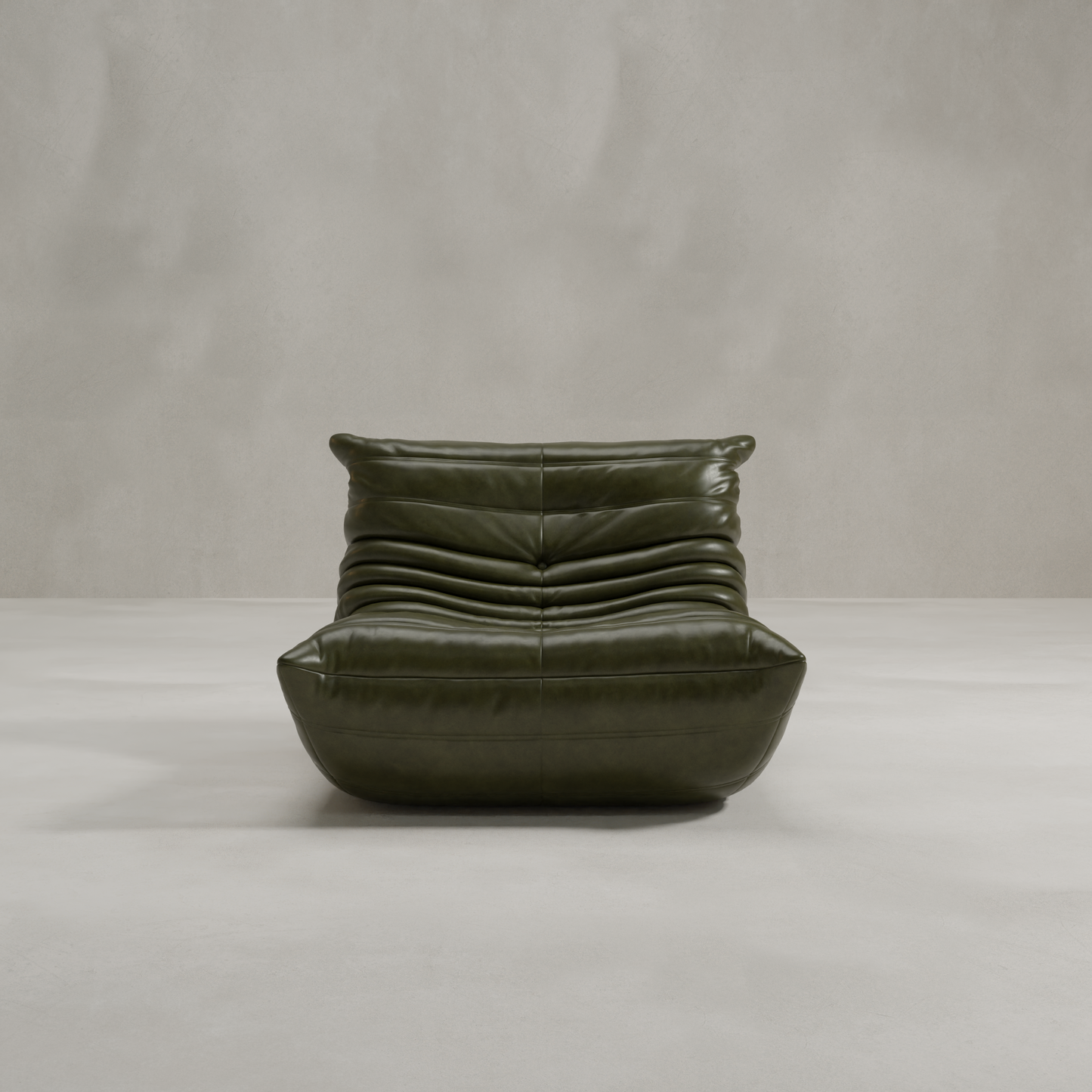 The Rolo Lounge Chair, a modern olive green leather seat with deep horizontal tufting and mid-century flair, rests on a light floor against a neutral textured wall.