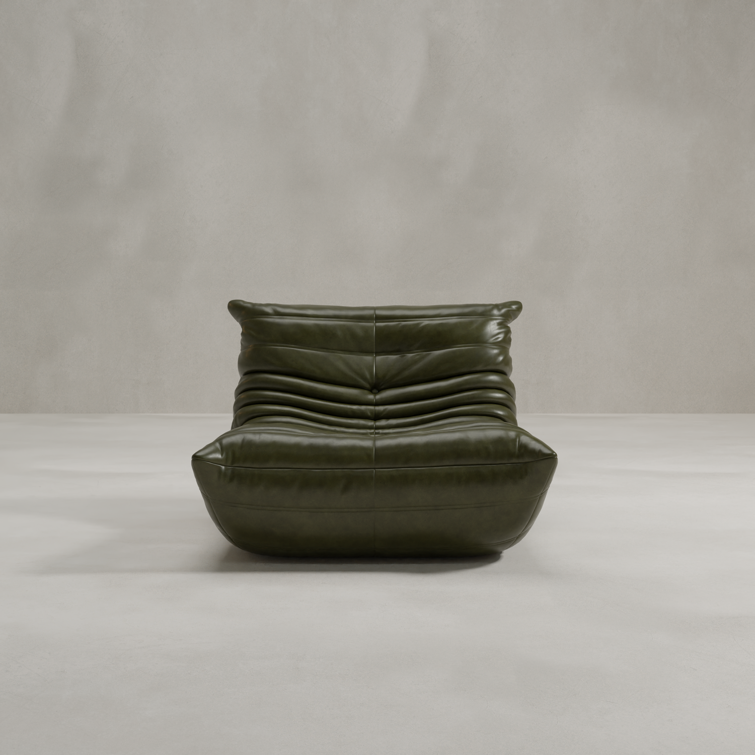 The Rolo Lounge Chair, a modern olive green leather seat with deep horizontal tufting and mid-century flair, rests on a light floor against a neutral textured wall.