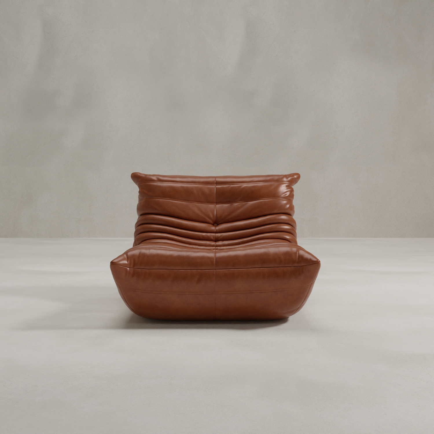 The Rolo Lounge Chair features a modern, low-profile brown leather design with deep horizontal tufting and subtle mid-century accents, displayed against a plain light gray background.