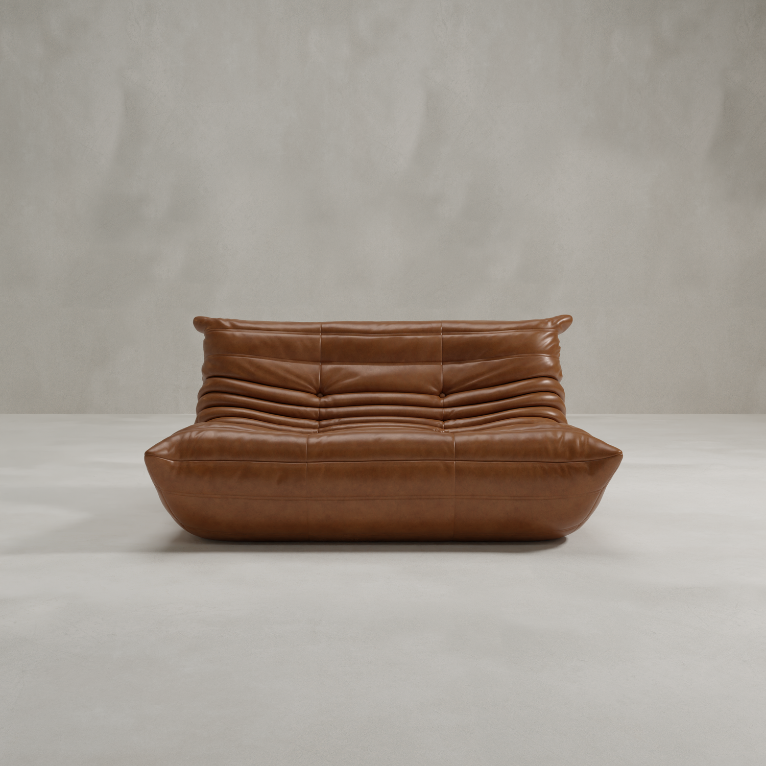 The Rolo Lounge Loveseat, a modern brown leather piece with a low back, plush cushions, and horizontal pleats in mid-century style, is set against a plain light gray background.