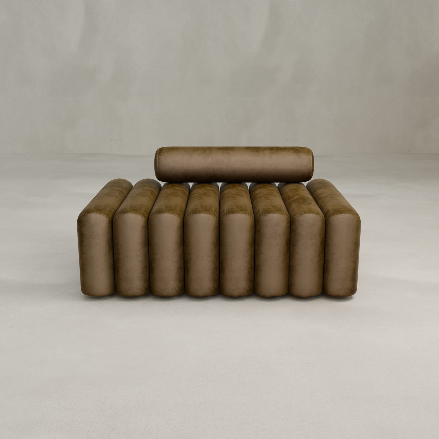 The Sonorra Bench Medium features plush seating with horizontally arranged cylindrical cushions and a single cylindrical backrest, all in a modern brown design set against a plain, light-colored background.