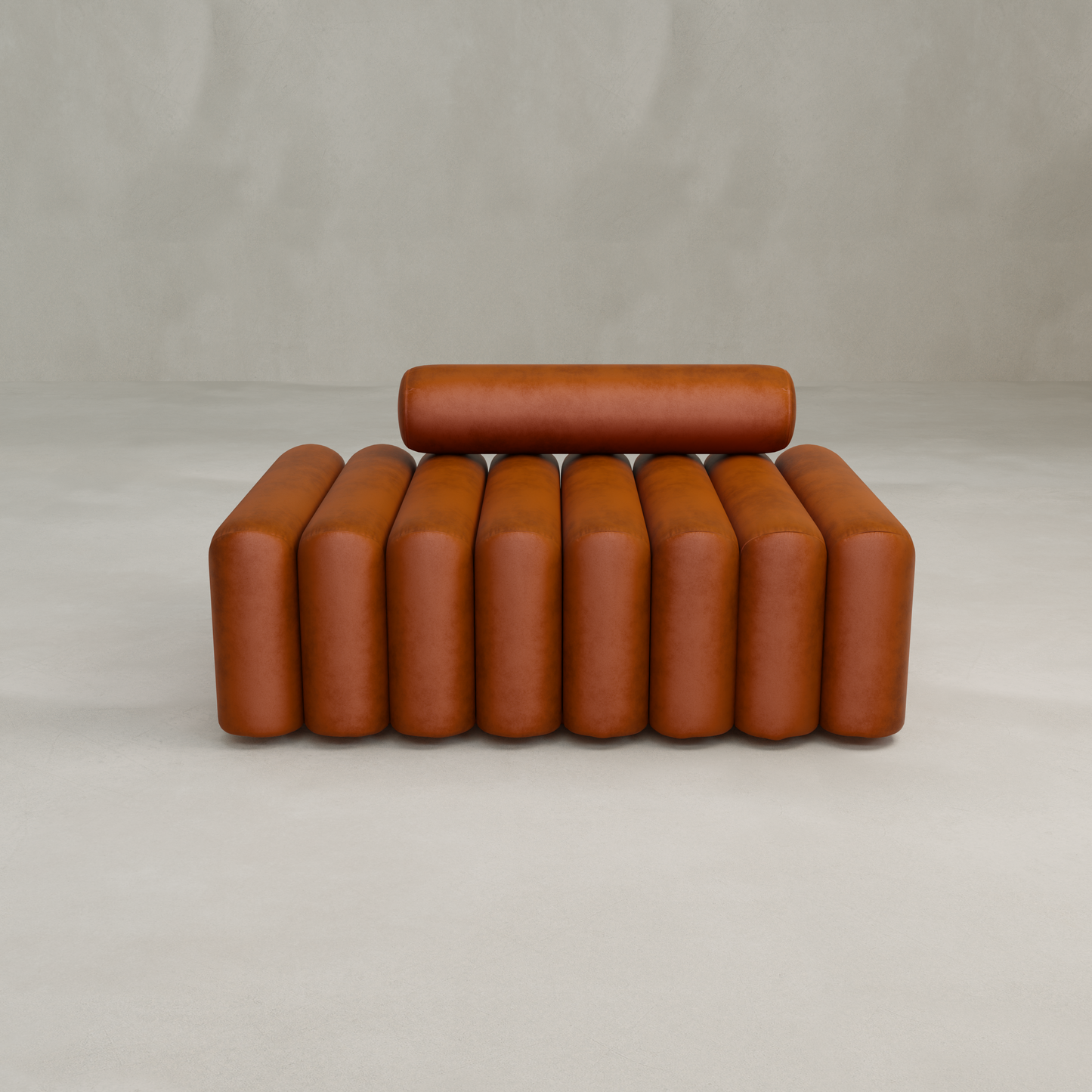 The Sonorra Bench Medium features a modern, minimalist design with a cylindrical backrest and plush brown leather cushions, shown against a plain, light-colored background.