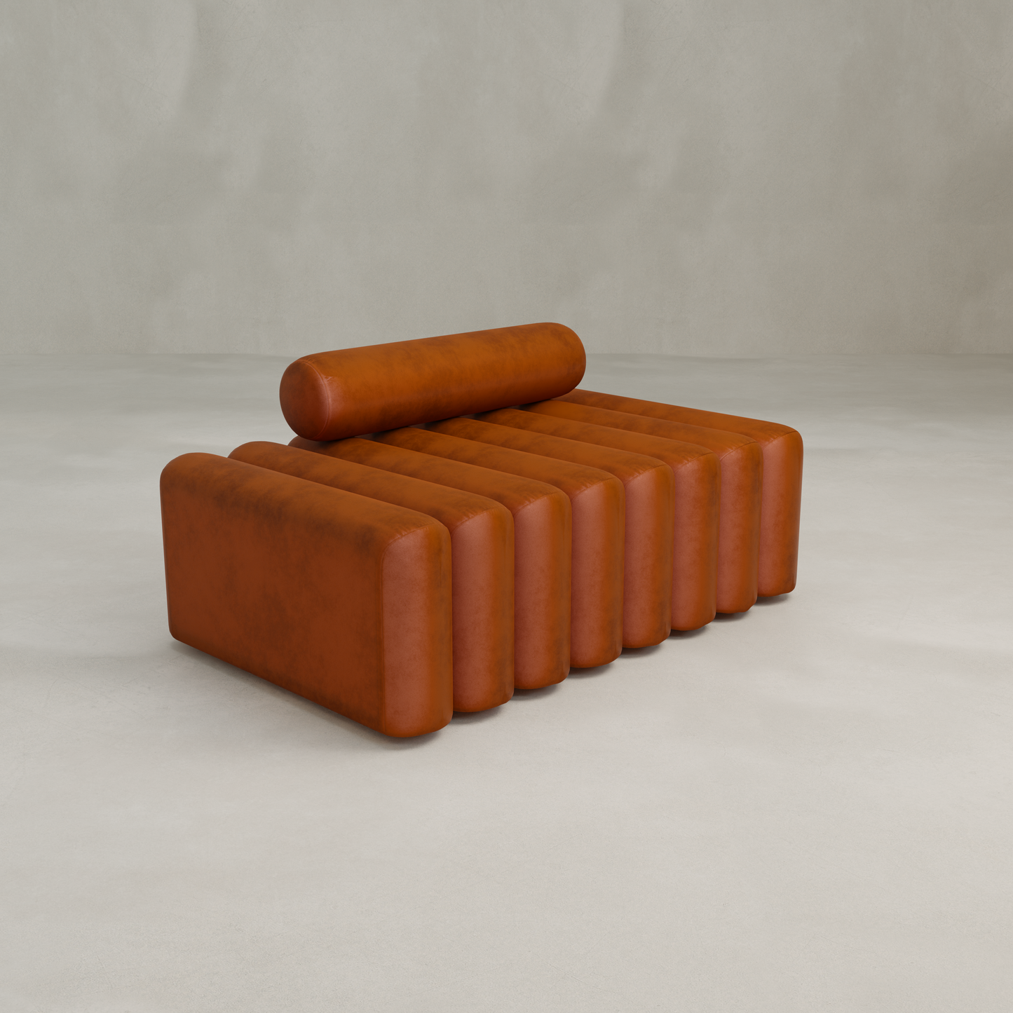 The Sonorra Bench Medium is a modern, minimalist bench with plush seating and a ribbed design, featuring a cylindrical backrest in brown leather, set against a plain light background.