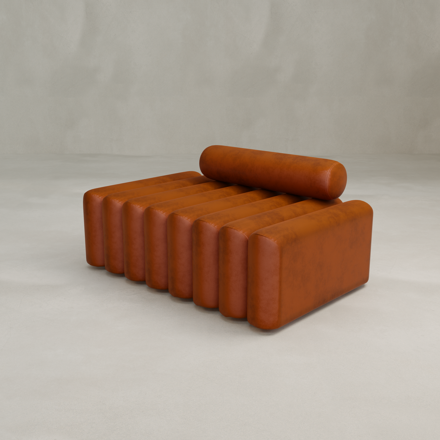 The Sonorra Bench Medium is a modern brown leather bench with a segmented, ribbed seat and cylindrical headrest, providing plush comfort against a plain, light backdrop.