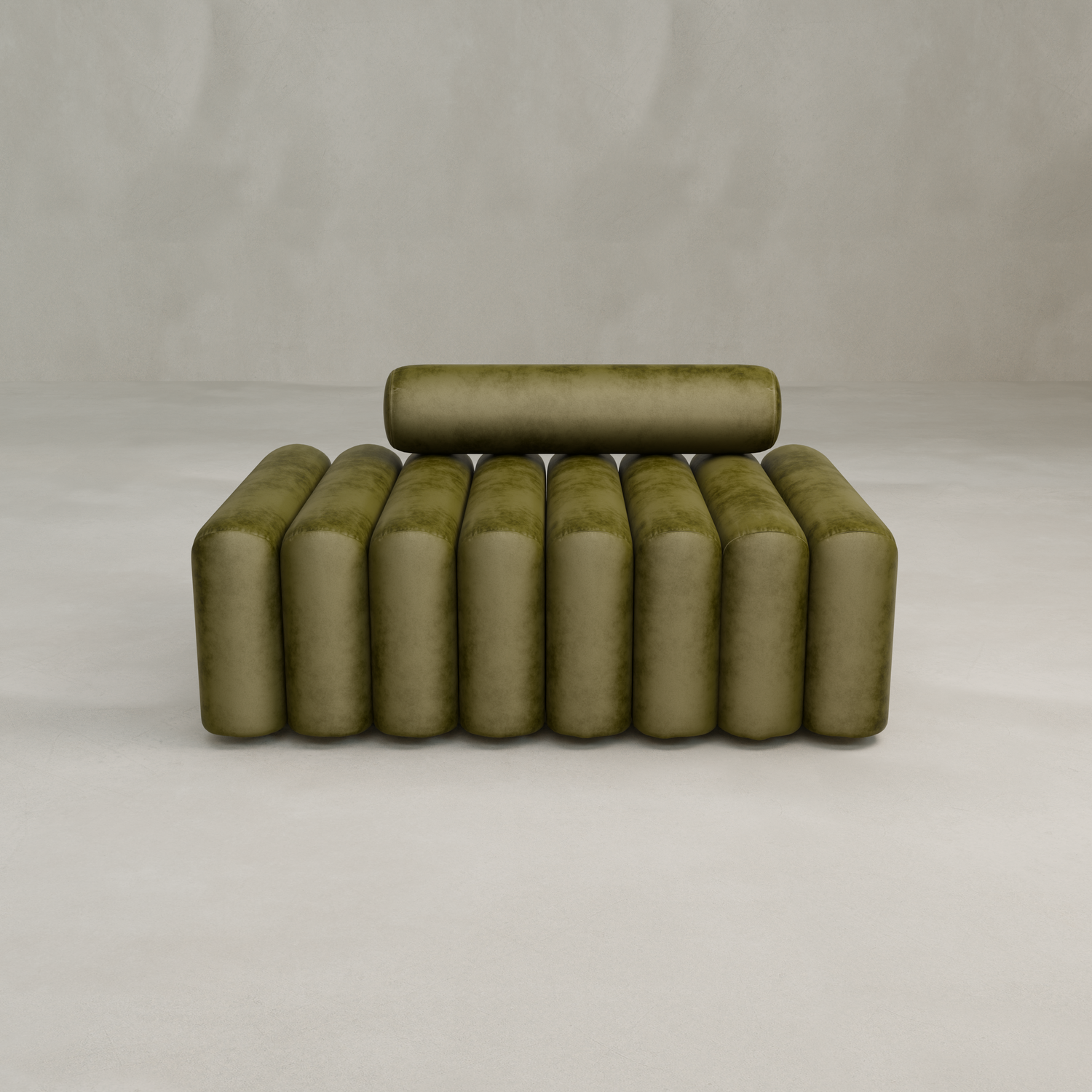 The Sonorra Bench Medium is a modern olive-green bench with plush seating and a cylindrical cushion backrest and seat in parallel vertical tubular sections, shown against a plain light-colored background.