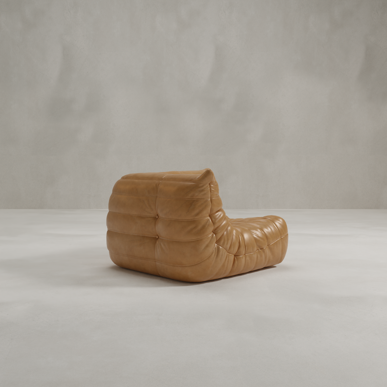 The Rolo Lounge Corner Sofa features a modern, low-profile design with tan leather upholstery and tufted cushions, offering mid-century style. It sits elegantly against a light gray, minimalistic background.