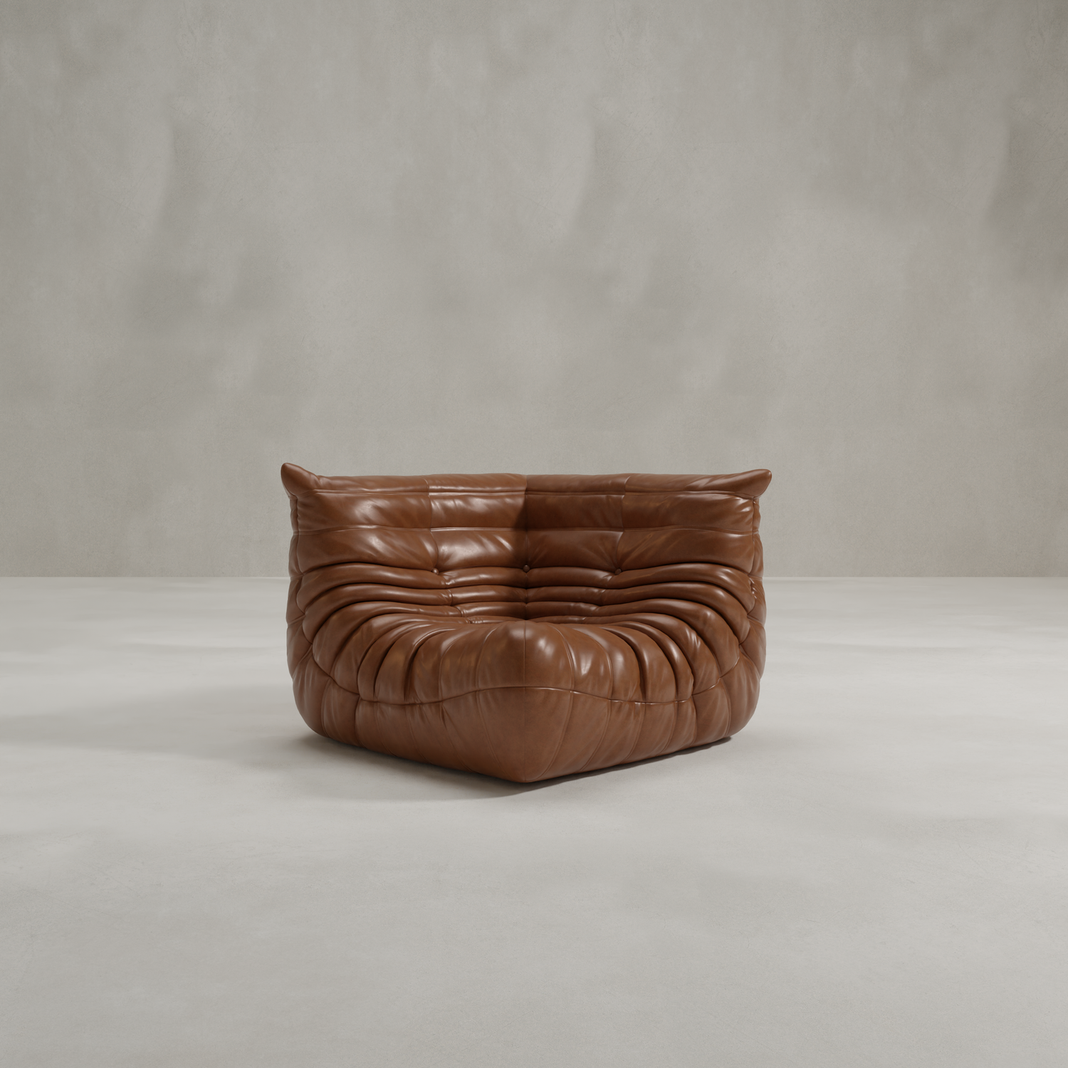 The Rolo Lounge Corner Sofa features a modern, armless design with deep, plush tufting in brown leather upholstery, inspired by mid-century style, shown here against a neutral, minimalist background.