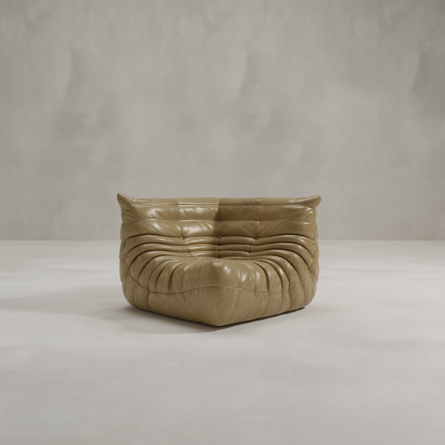 The Rolo Lounge Corner Sofa is a modern tan leather piece with a tufted, plush design and mid-century style, shown against a plain light gray background.