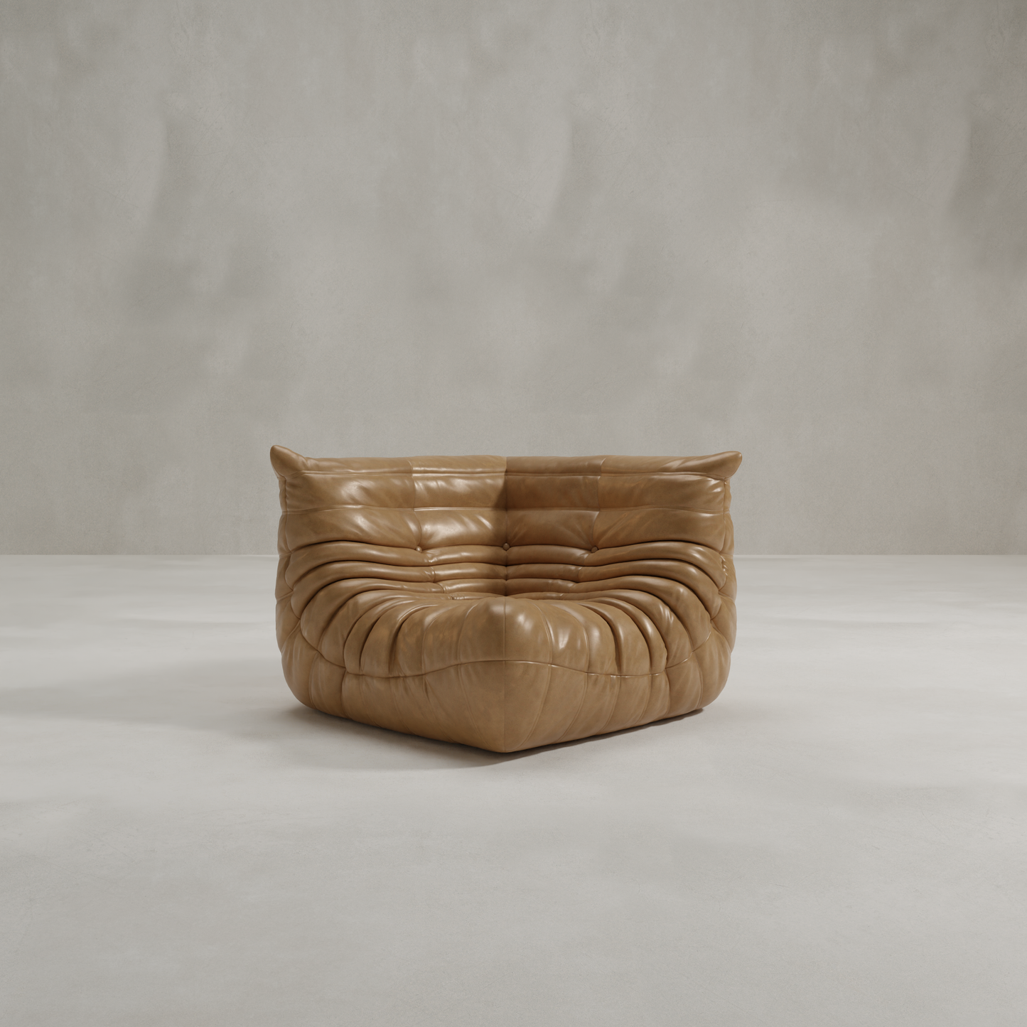 The Rolo Lounge Corner Sofa is a tan leather, tufted modular seat with soft rounded edges, inspired by mid-century design and shown against a minimalist light gray background.