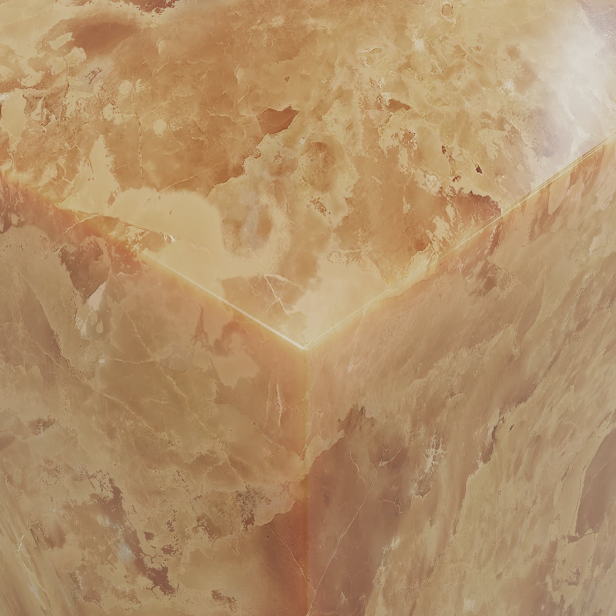 Close-up of the Ambeline Onyx Plinth - Tall, showcasing its polished, translucent orange-brown surface with organic elegance, rust-hued marbling, natural textures, and subtle veins along a crisp edge.