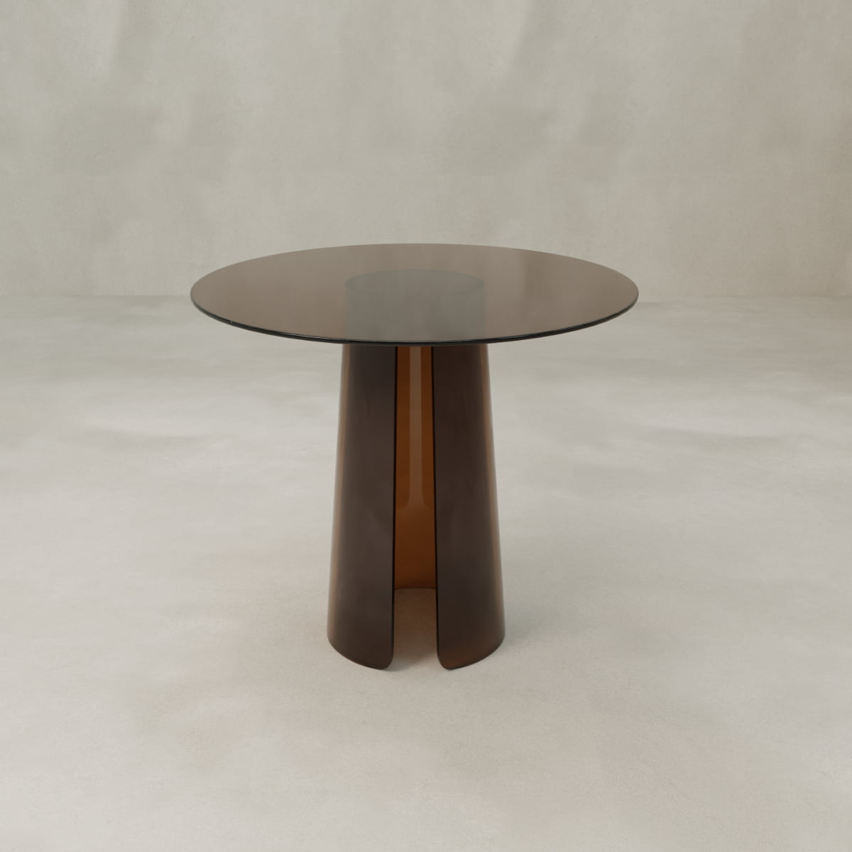 The Disc Side Table Short is a modern round acrylic table with retro vibes, featuring a dark glass top and a wide, brown conical base, set against a plain light background.