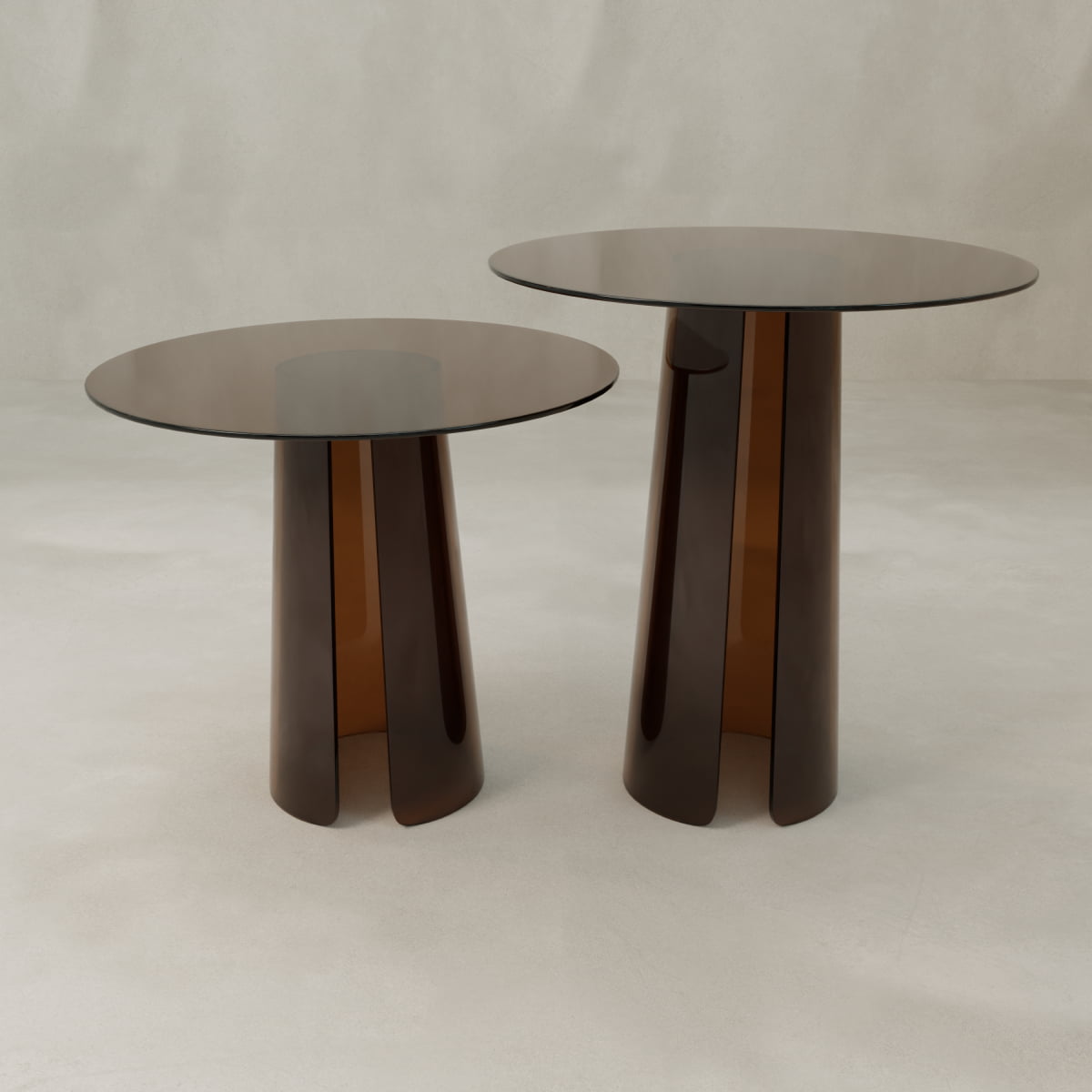 The Disc Side Table Short features a round smoky glass top and brown three-legged base, bringing retro flair to any light, neutral space. Its lightweight build makes it easy to move and ideal for flexible styling.
