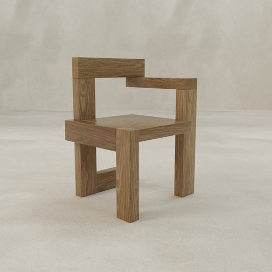 The Grafton Chair is a modern solid oak chair with geometric, angular lines and an asymmetric backrest inspired by Brutalist design, shown against a plain light background.