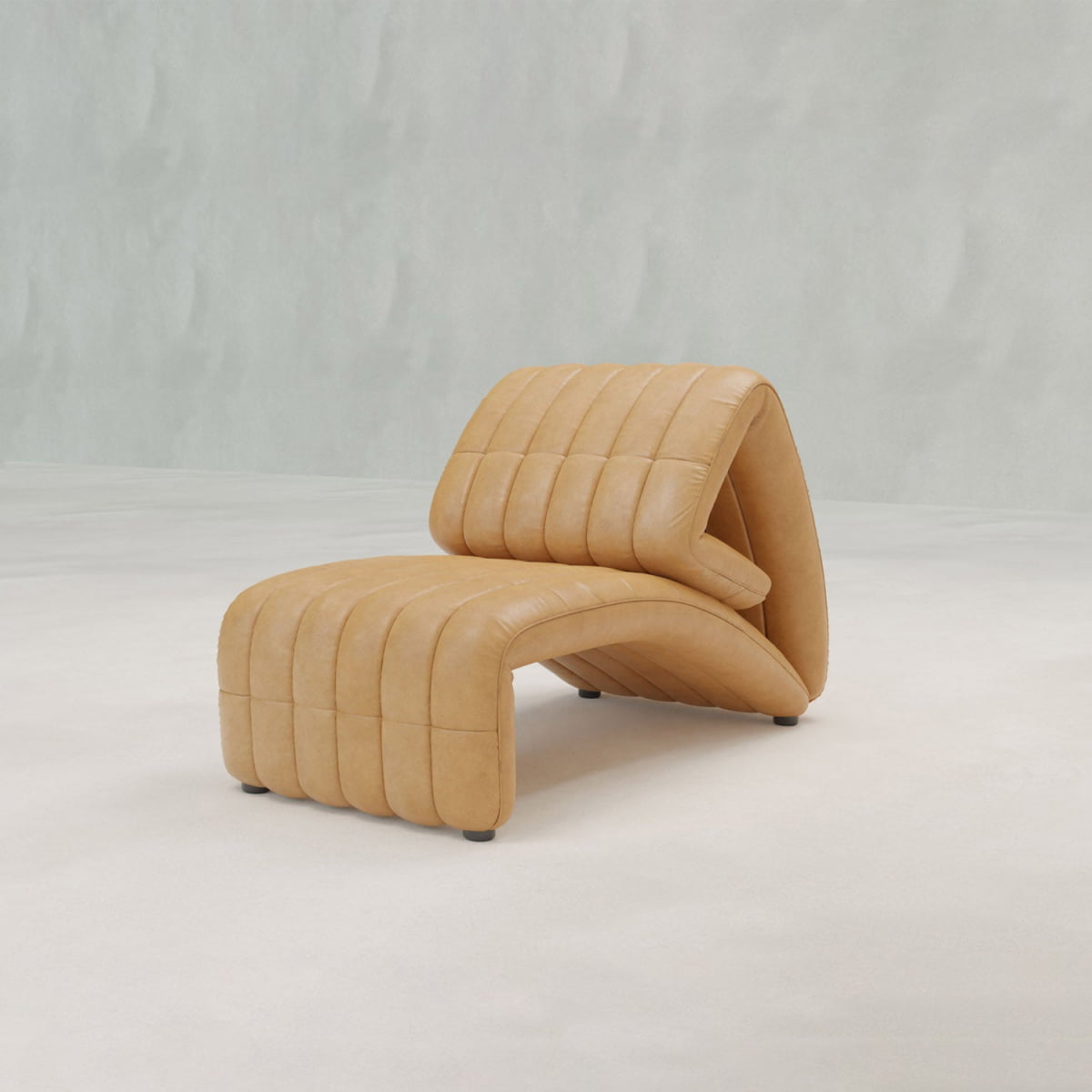 The Hillier Chair features premium vintage leather upholstery, a sculptural curved silhouette with vertical stitching, subtle reclining functionality, and is showcased on a light minimal background.