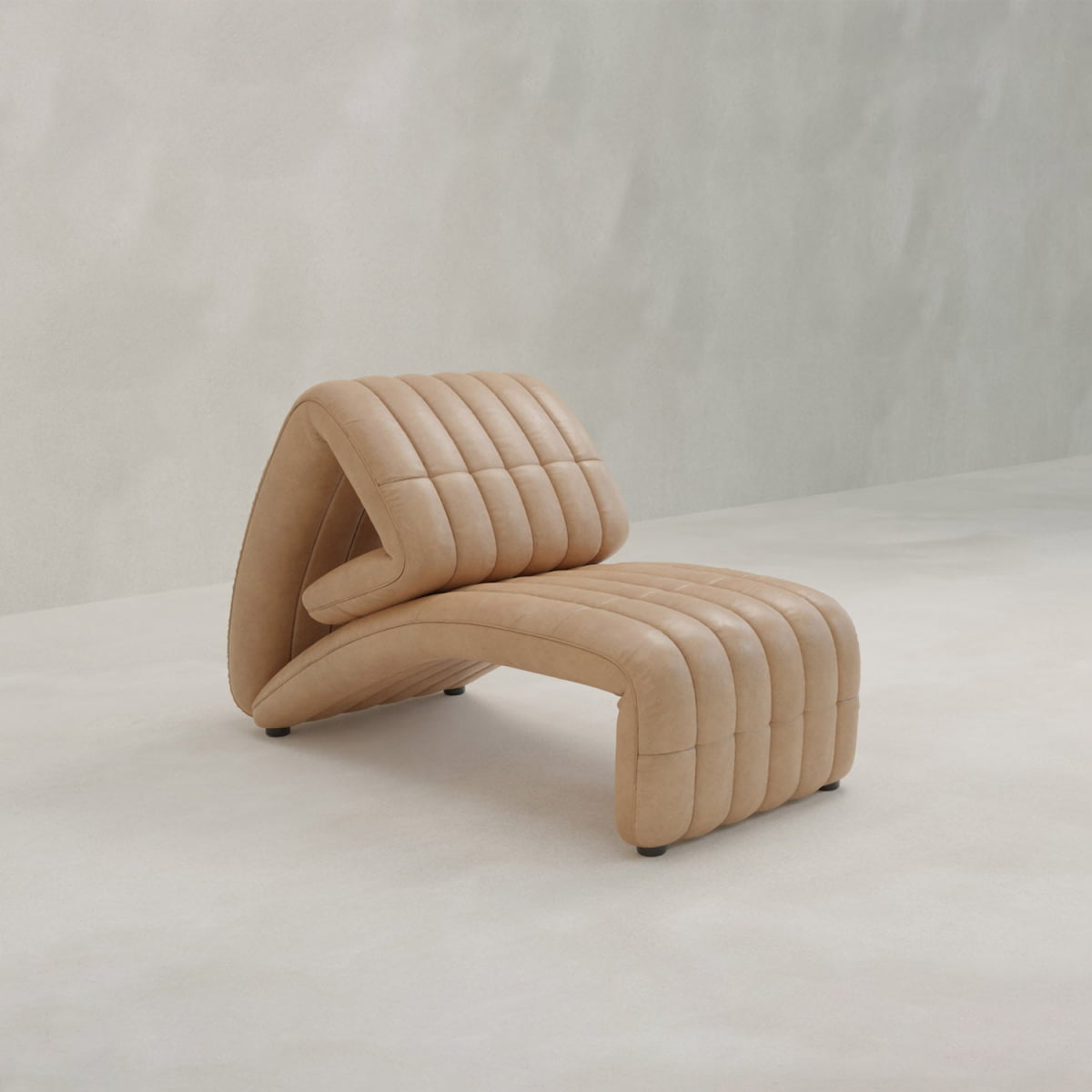 The Hillier Chair showcases a modern curvy design with premium vintage leather and vertical stitched lines, set against a light gray backdrop.