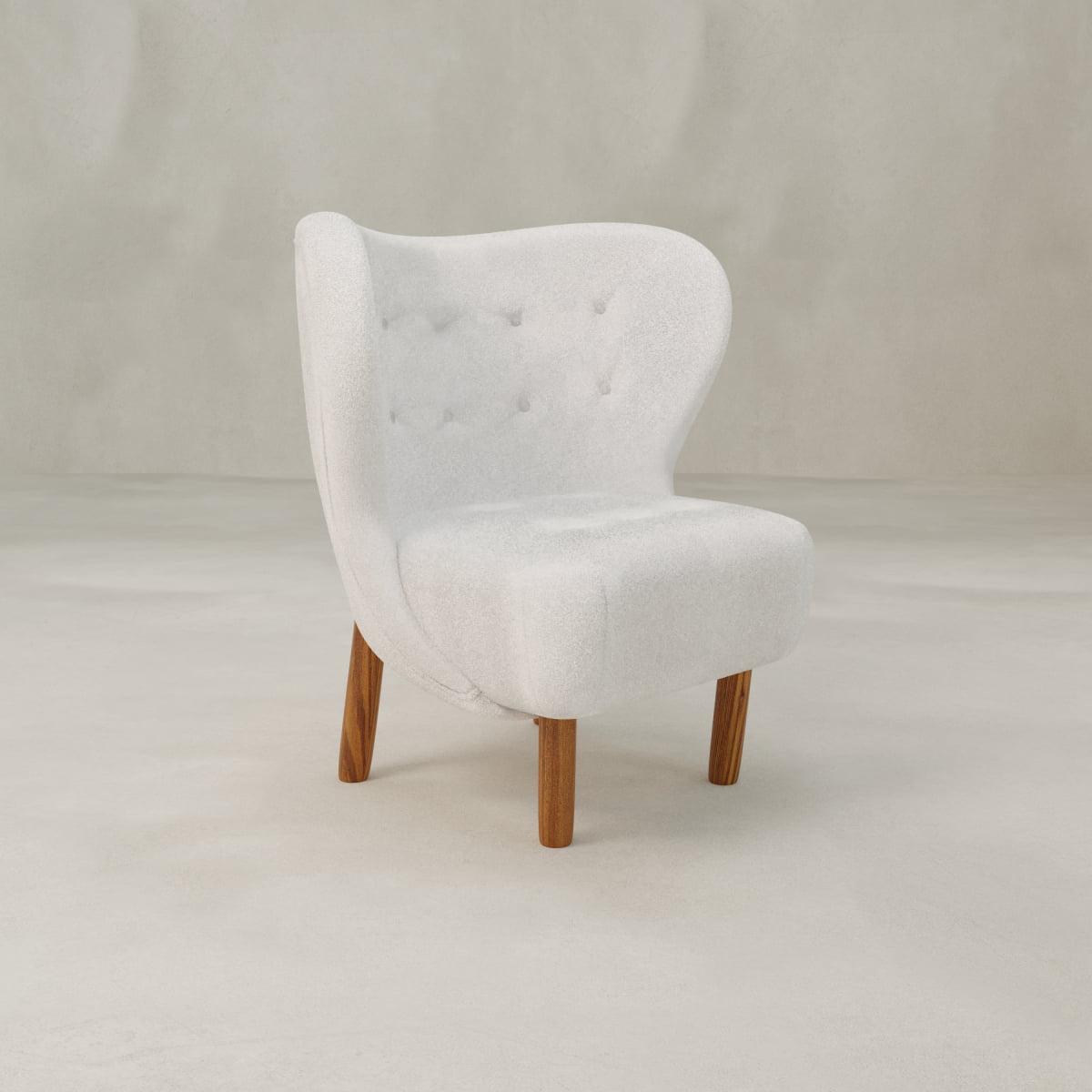 The Hornsey Chair is a modern, compact accent piece with white tufted upholstery and four wooden legs, shown against a neutral light background.