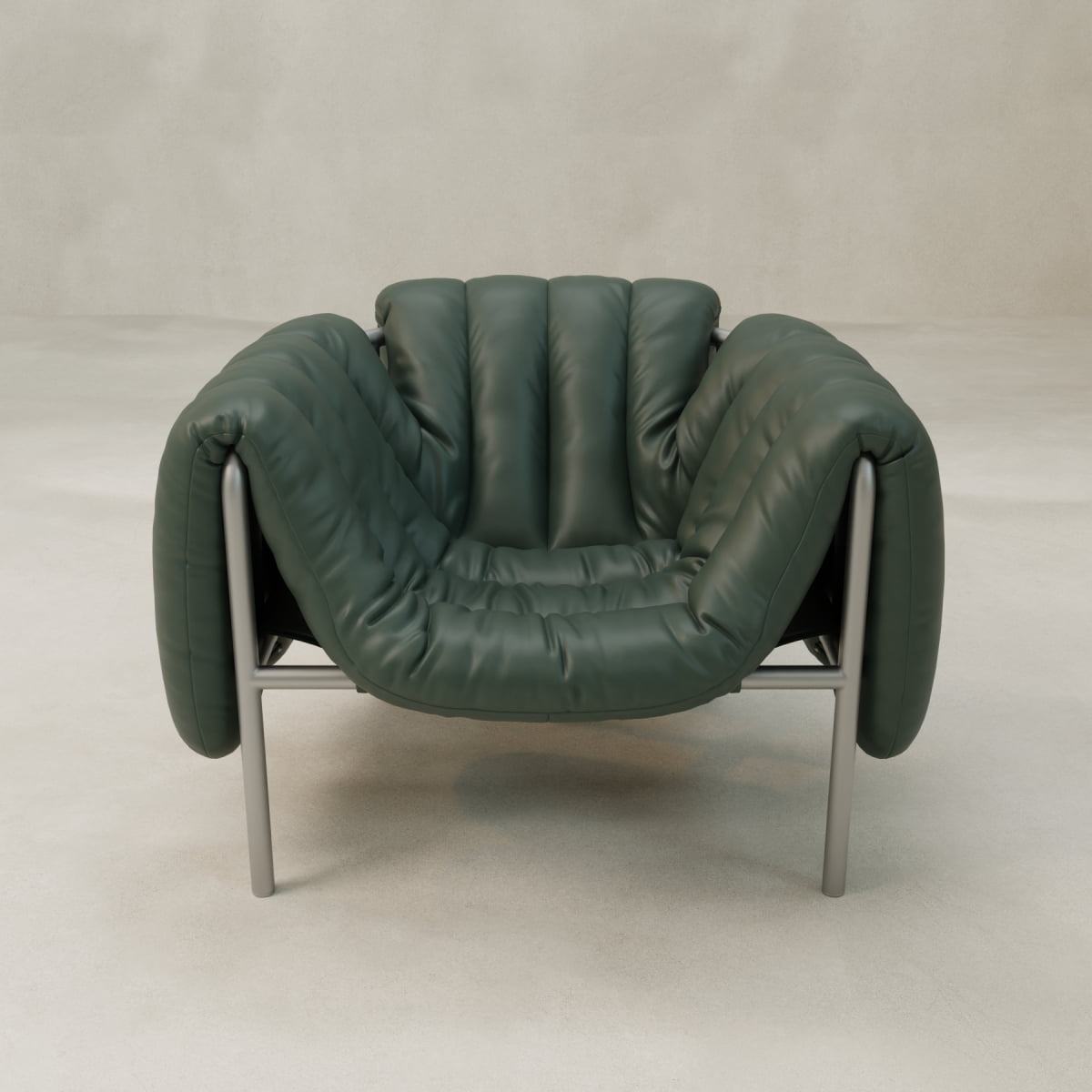 The Mallow Chair features deep green leather upholstery, plush channeled tufting, and a minimalist metal frame, shown here against a light background.