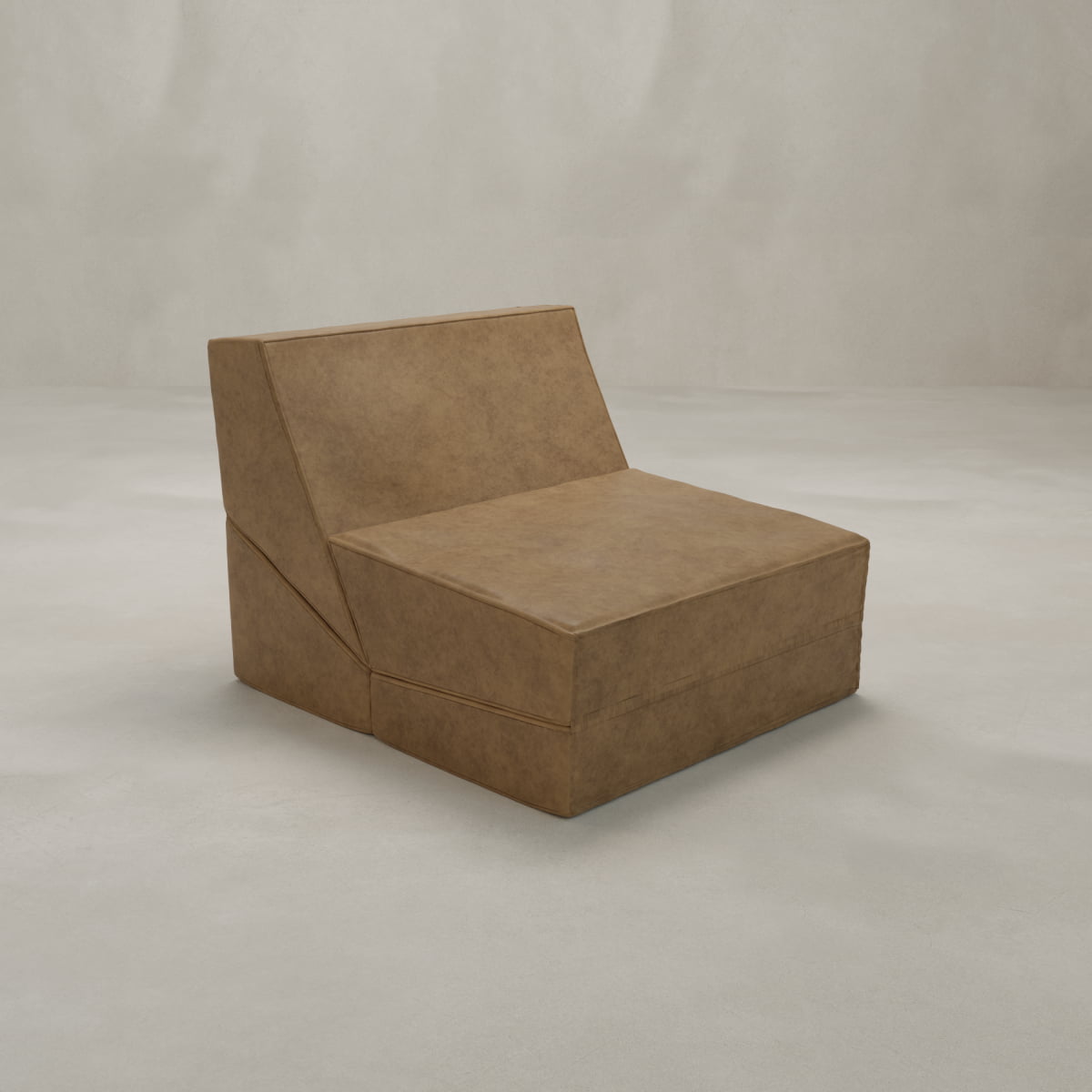 The Meazza Lounge Chair features an angled backrest and brown leather upholstery, adding contemporary sophistication to any modern interior. The armless design stands out on a light floor against a neutral background.
