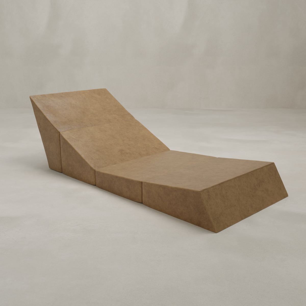 The Meazza Lounge Chair adds modern style to interiors with its geometric angles and brown finish, displayed on a light textured floor with a plain off-white background.