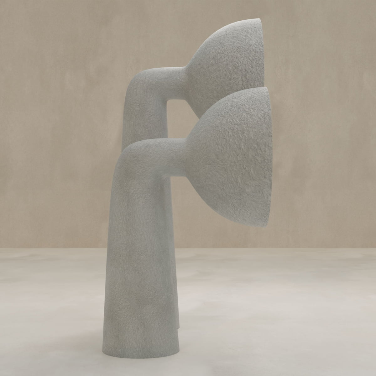 Two abstract, gray Orbis Medium Floor Lamps stand side by side against a beige background. Their curved, tubular bases and wide bowls showcase sculptural artistry and evoke an organic, minimalist modern aesthetic.