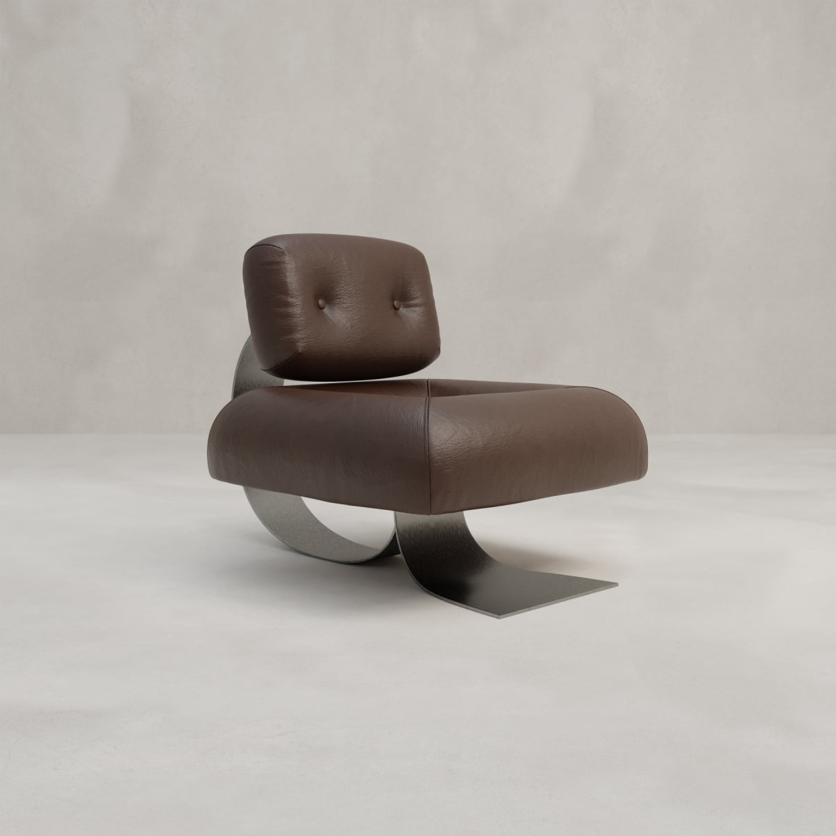 The Paolo Chair features minimalist design with rich leather upholstery and a curved stainless-steel base, set against a plain light gray background.