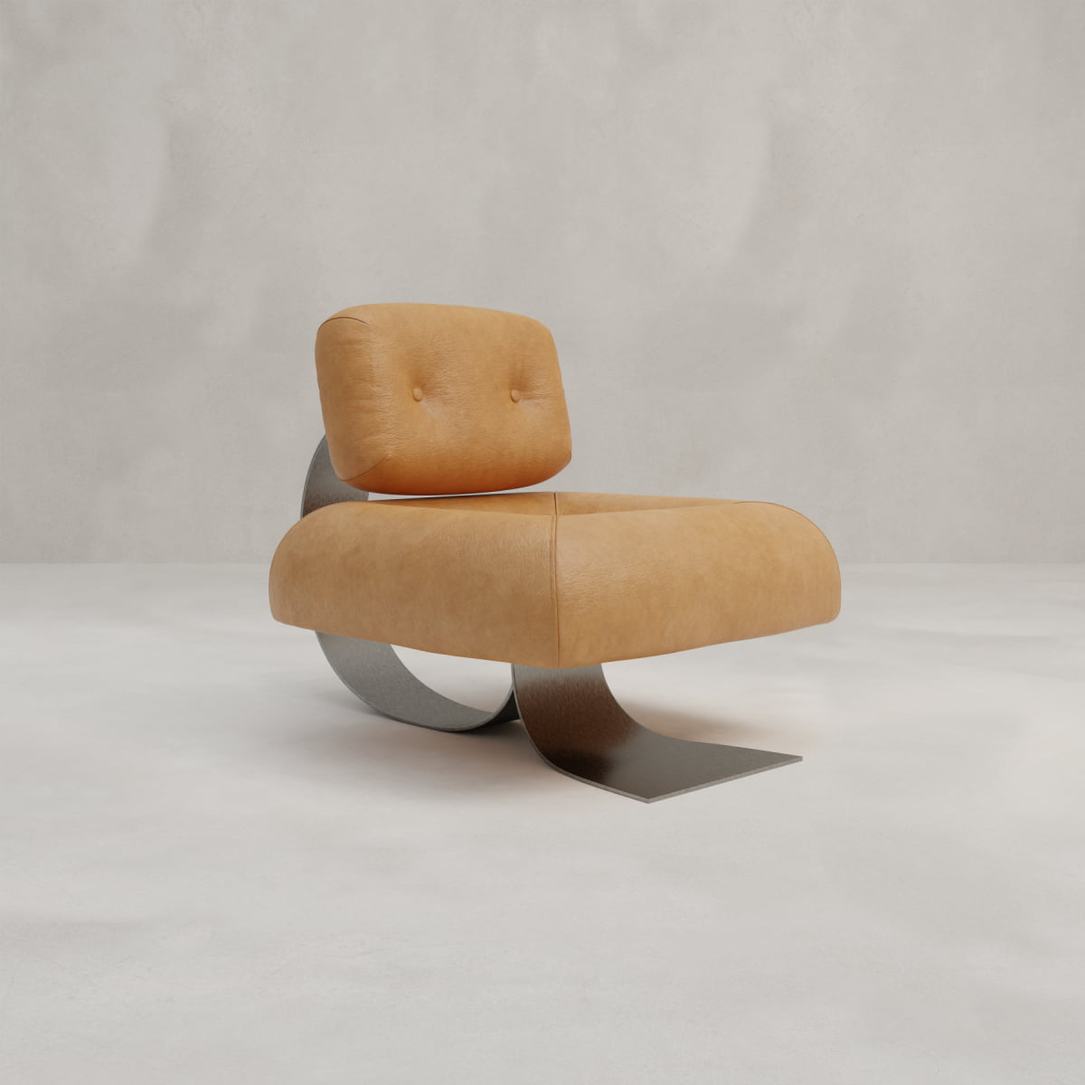 The Paolo Chair features light brown leather upholstery and a curved stainless-steel base, highlighting its modern, minimalist design against a plain, light-toned background.