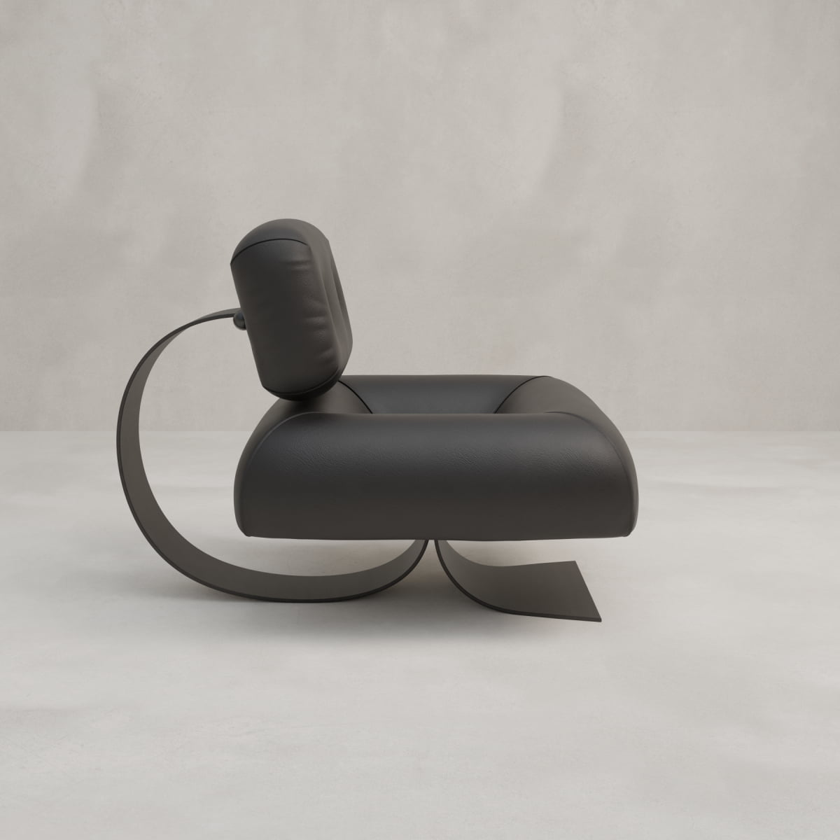 The Paolo Chair features a modern, minimalist design with black leather upholstery, a curved stainless-steel base, and a cylindrical headrest. Its sleek and sculptural form stands out against a plain light gray background.