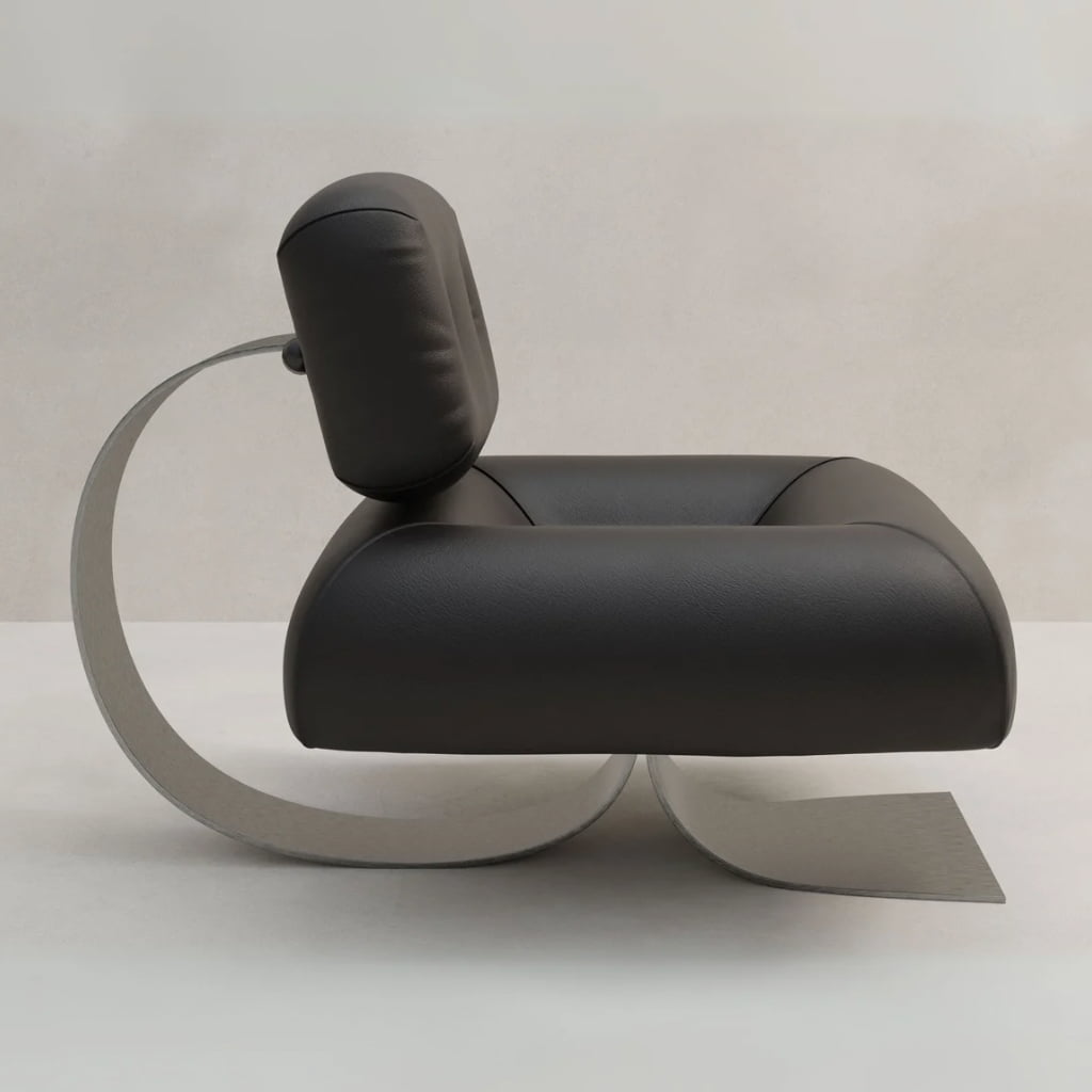 The Paolo Chair features black leather upholstery, a sculptural stainless-steel base, and a cylindrical headrest, shown in profile against a plain light background.