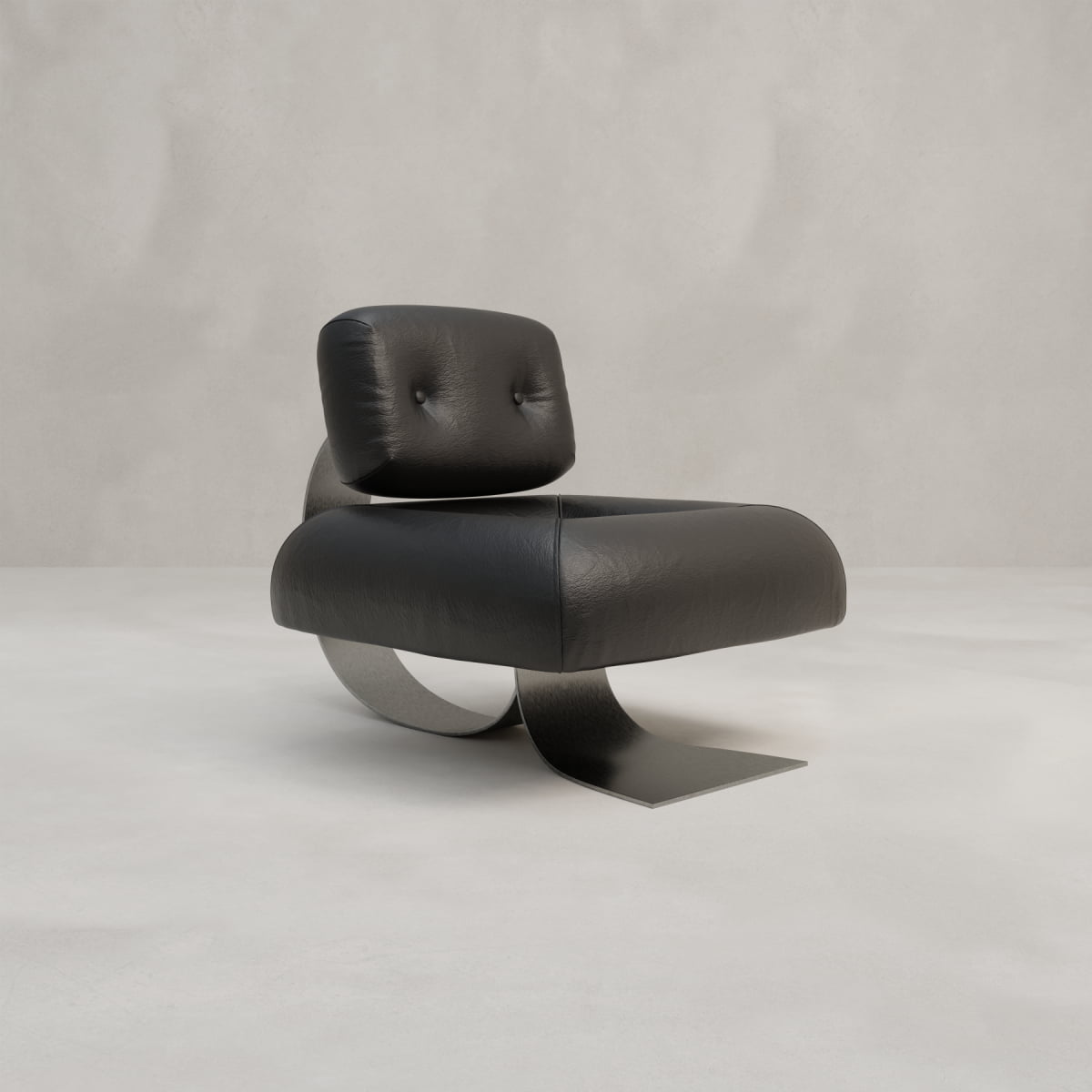 The Paolo Chair showcases black leather upholstery, a wide cushioned seat and back, and a curved stainless-steel base, set against a plain light gray background.