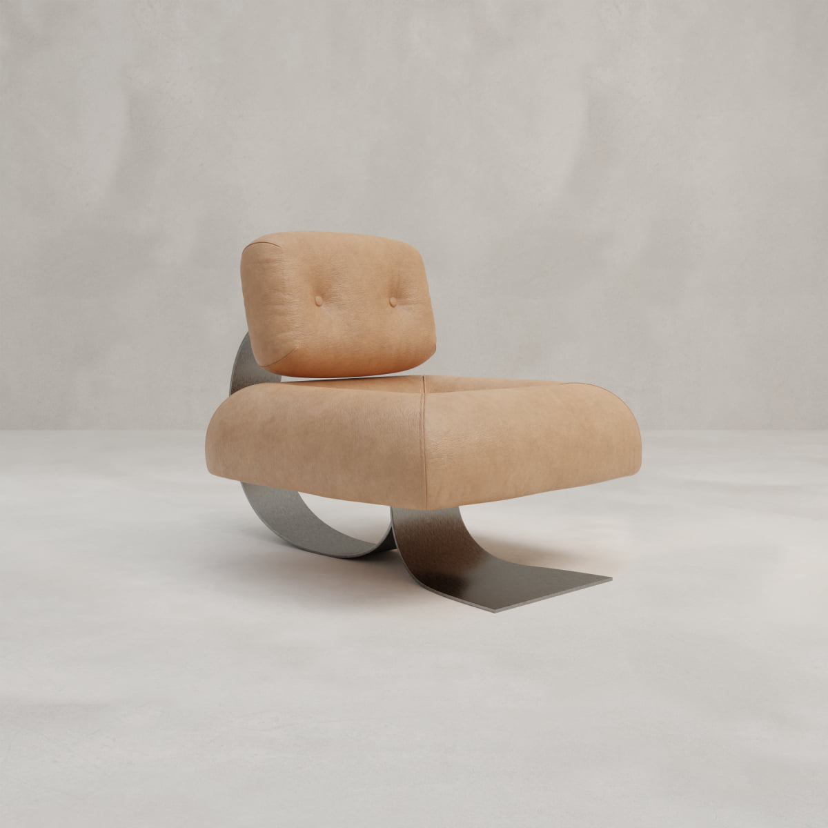 The Paolo Chair features tan leather upholstery, two backrest buttons, and a distinctive curved stainless-steel base, shown against a plain light gray background.