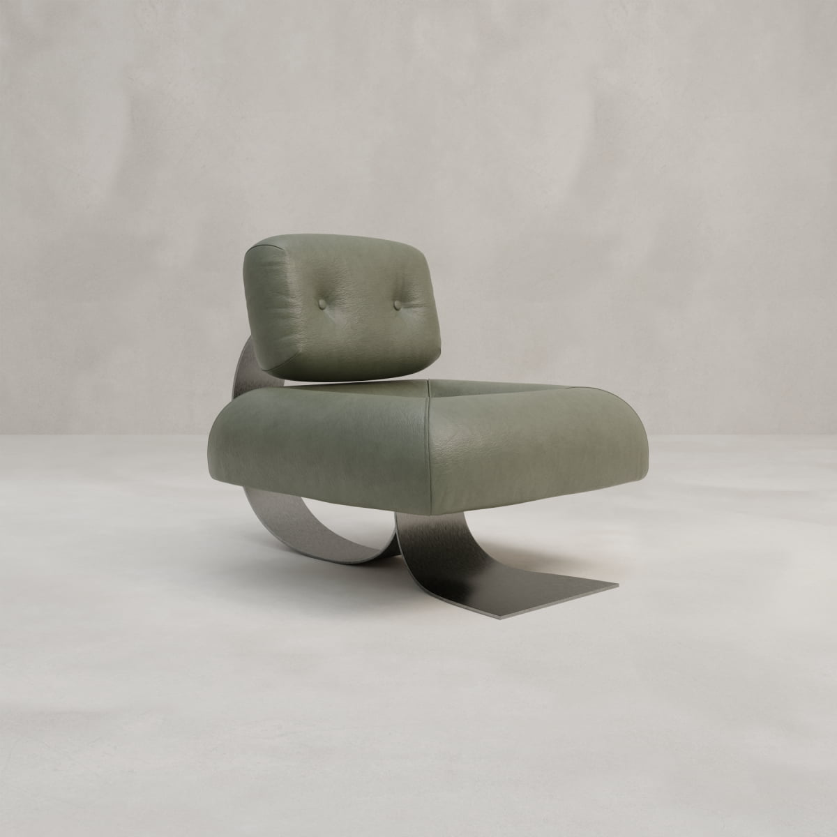 The Paolo Chair features sage green upholstery, a cushioned backrest, and a curved stainless-steel base, displayed against a light gray minimalist background.