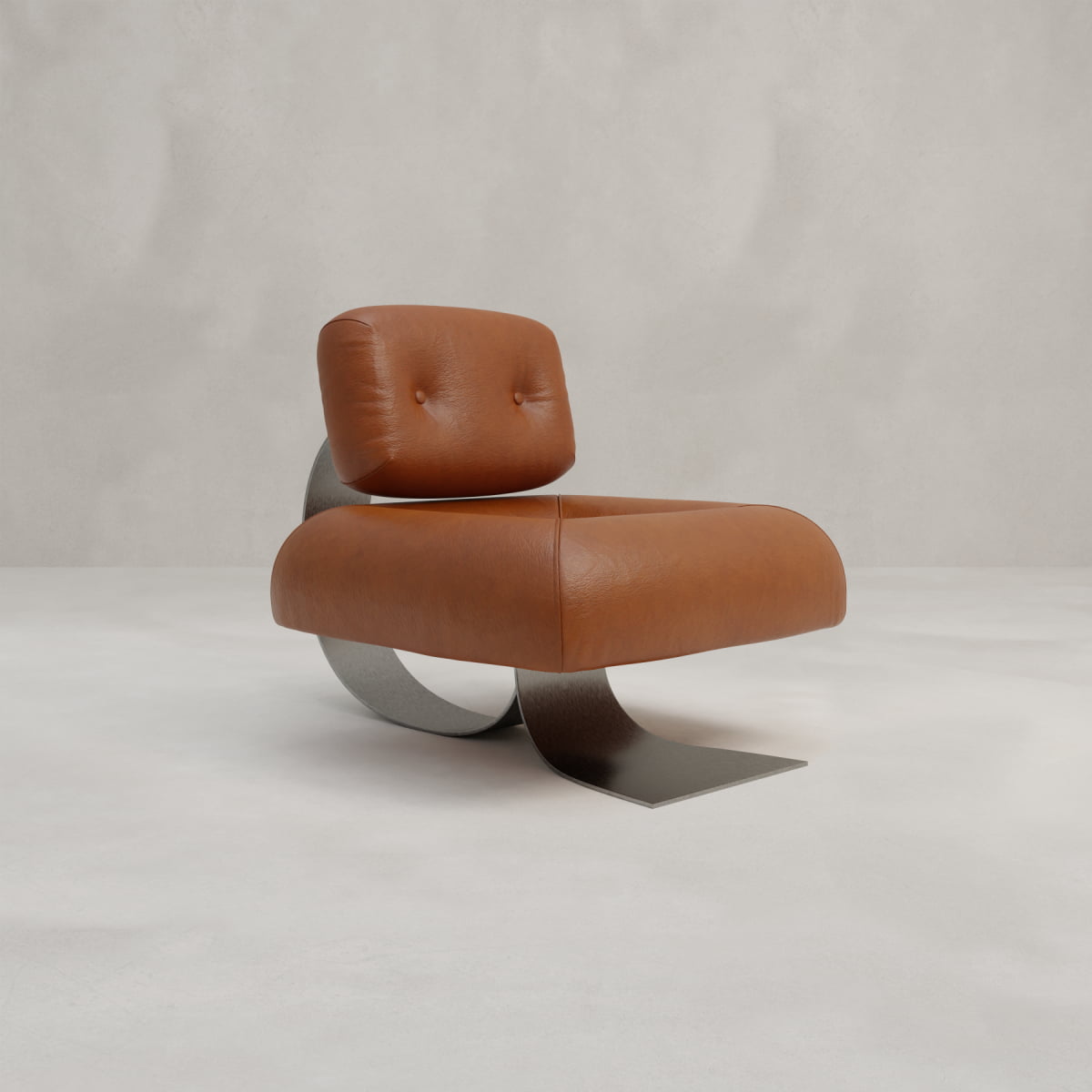 The Paolo Chair has a curved stainless-steel base, brown leather upholstery on the cushioned seat and backrest, and is shown on a light floor with a plain light gray background.