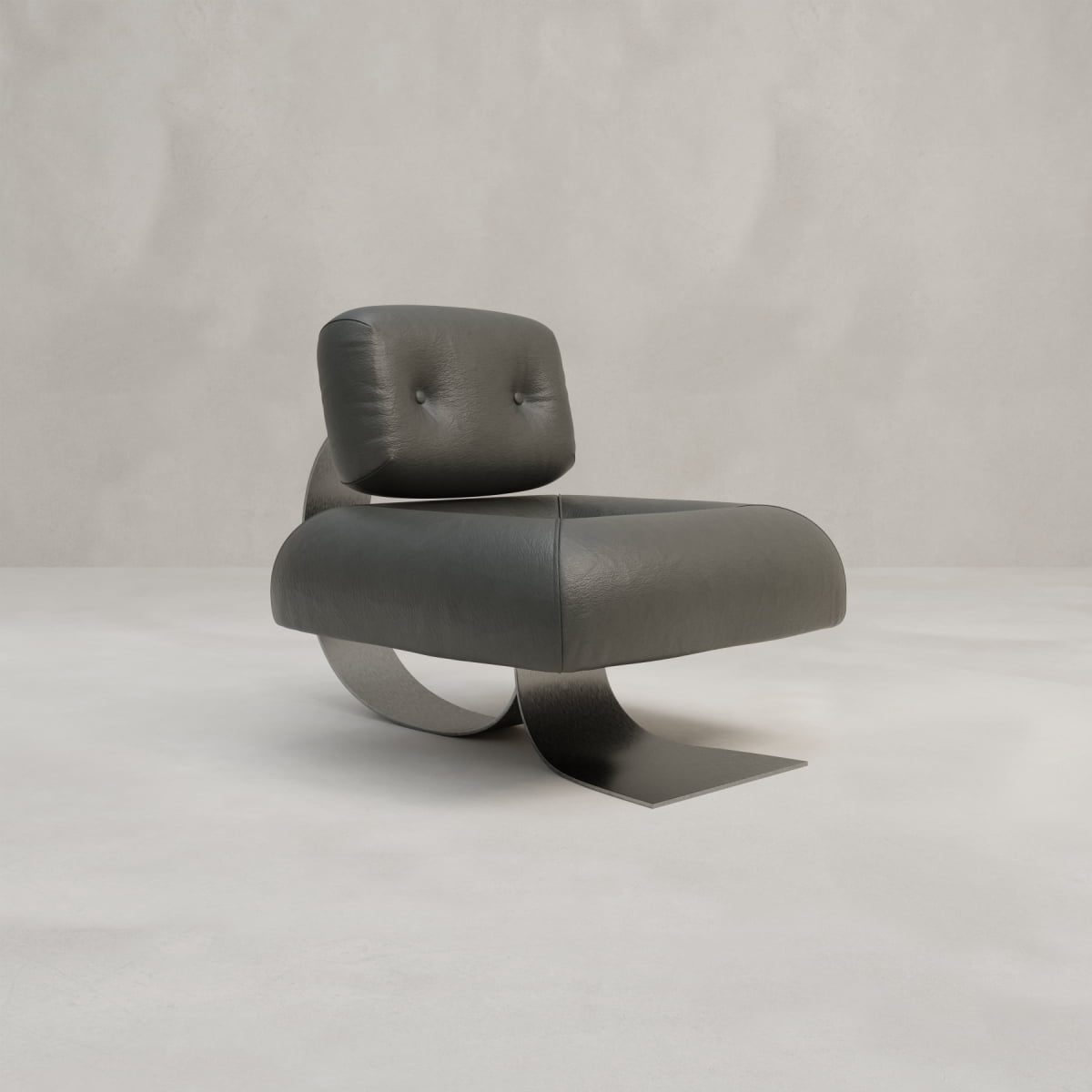 The Paolo Chair features a modern, minimalist design with a curved stainless-steel base, thick cushioned seat, and tufted leather backrest, shown against a plain light gray background.