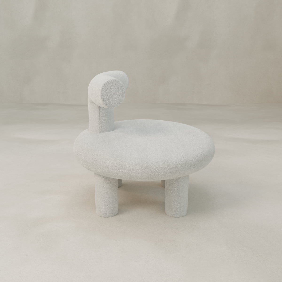 The Teddy Chair is a modern, minimalist piece with a round seat and asymmetrical cylindrical backrest in light grey textured fabric—an eye-catching design inspired by luxury Neotenic style, set against a neutral background.