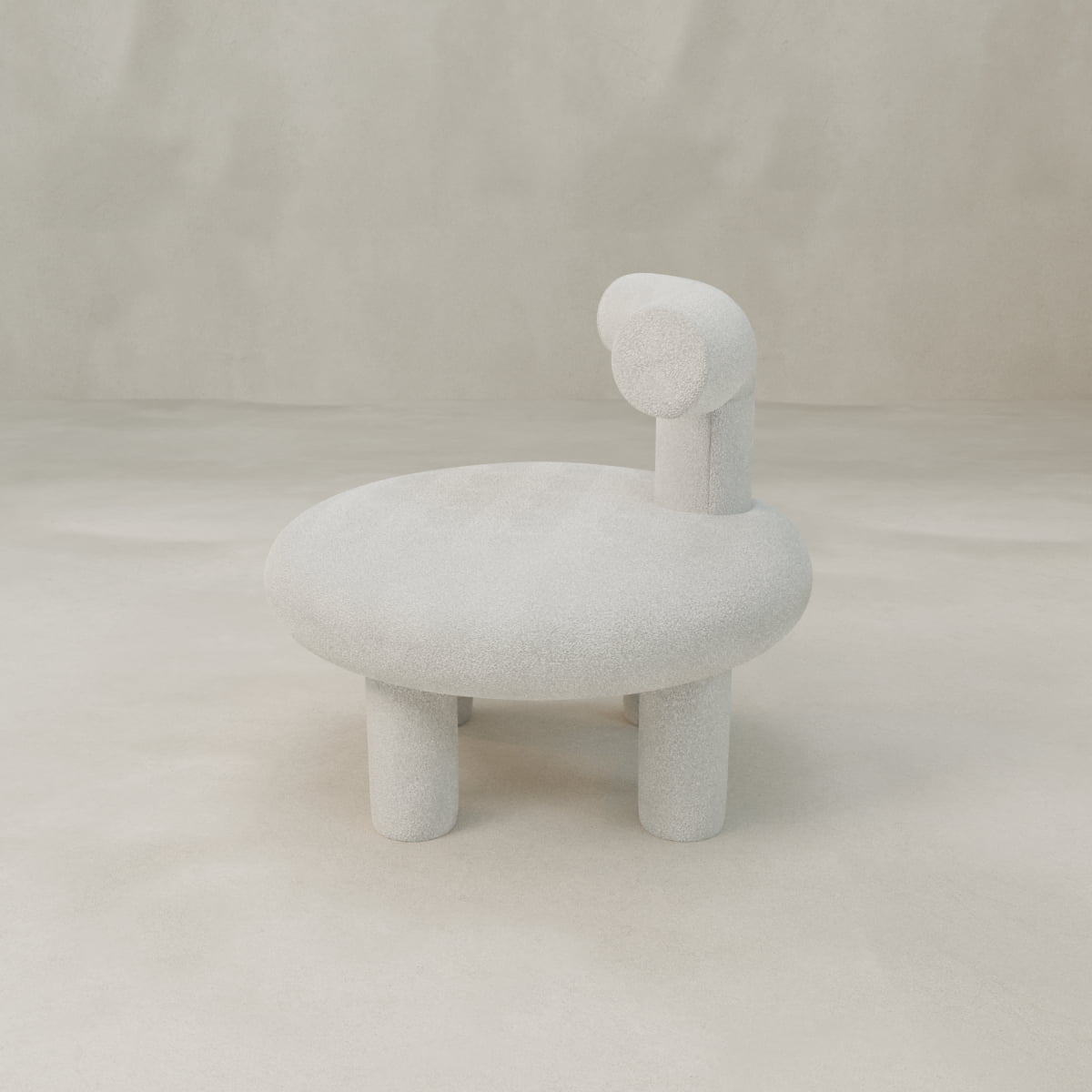 The Teddy Chair features a round seat, three thick cylindrical legs, and a unique curved backrest—upholstered in textured off-white fabric. This modern, minimal statement piece exudes luxury against any neutral background.